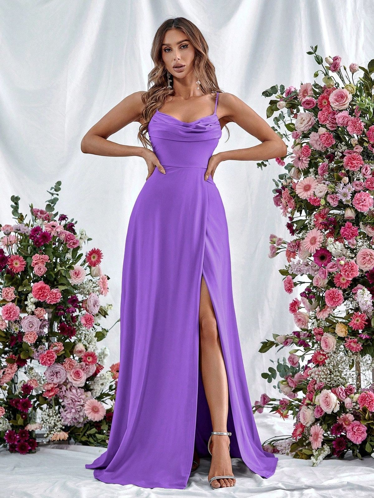 Style FSWD0913 Faeriesty Size L Satin Purple Side Slit Dress on Queenly