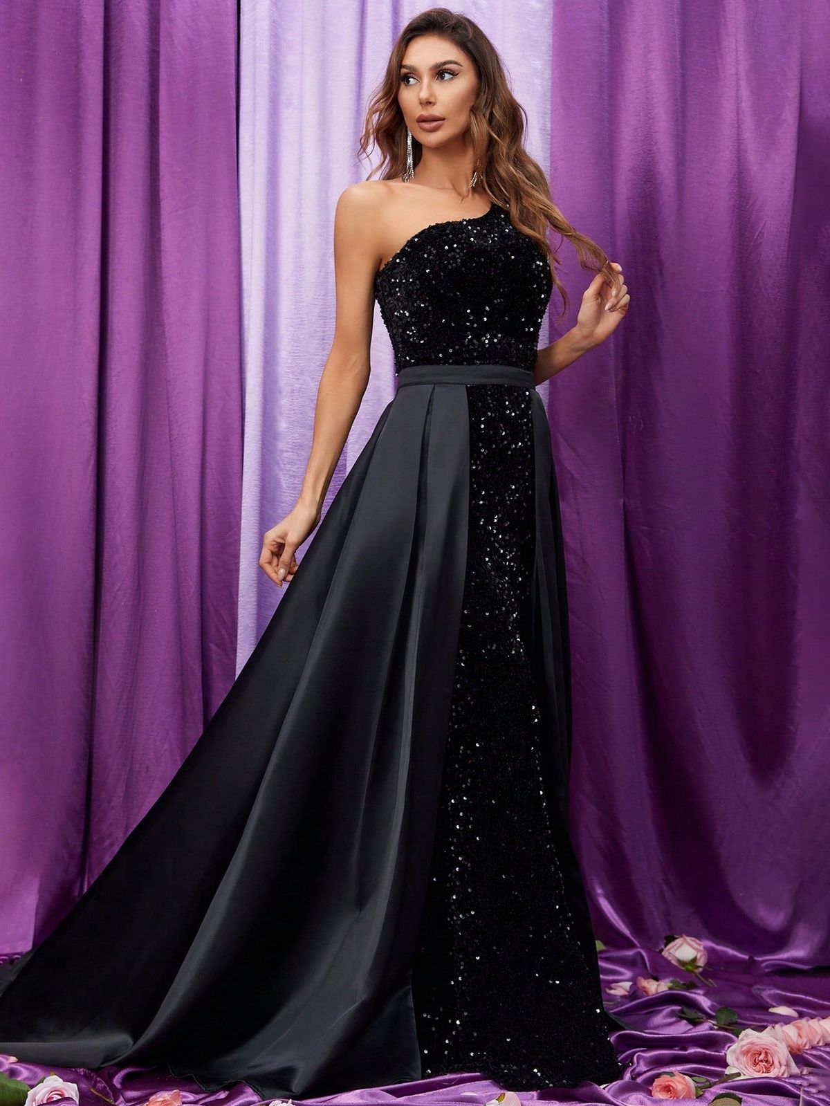 Style FSWD9013 Faeriesty Size XL One Shoulder Satin Black Mermaid Dress on Queenly