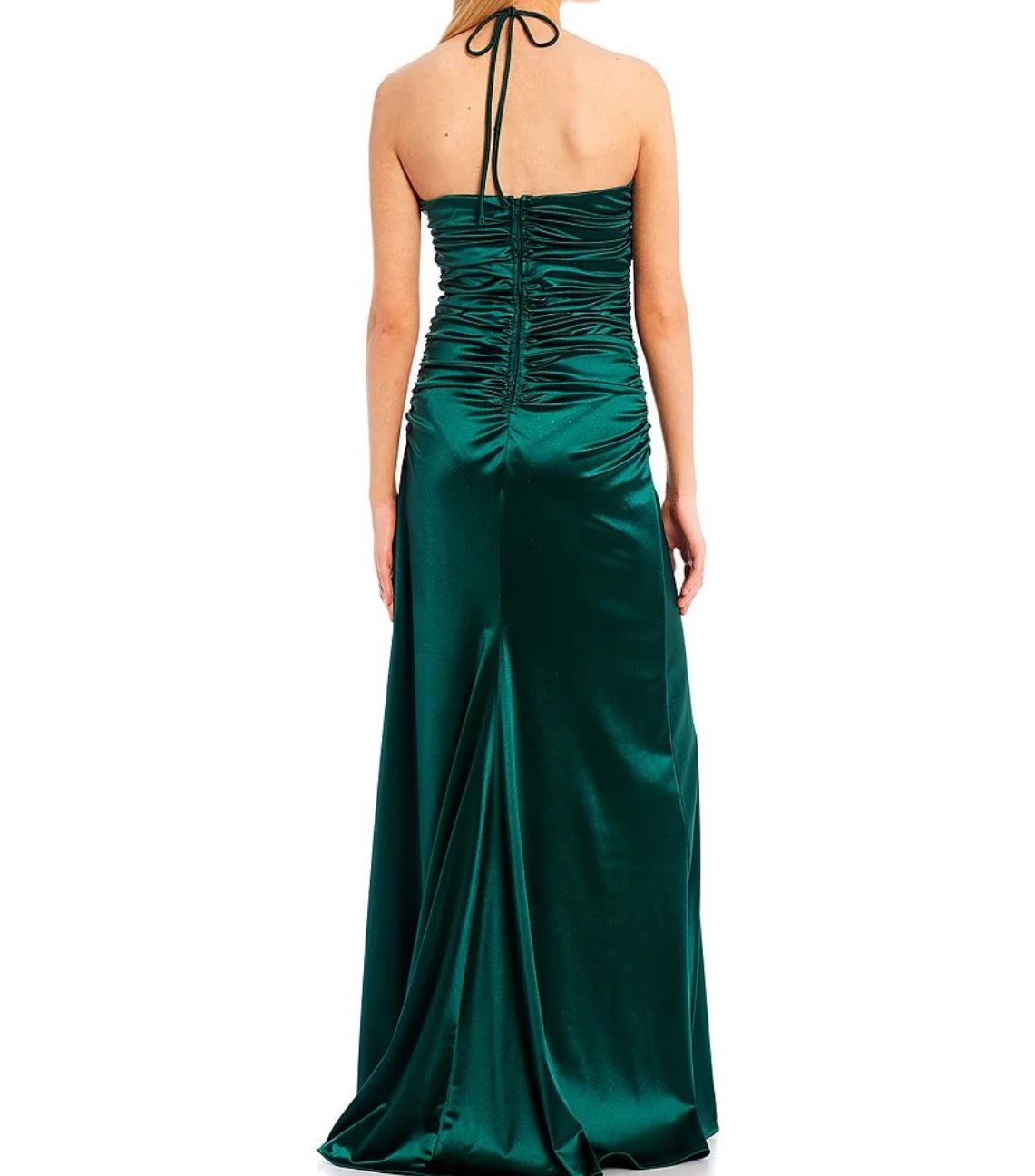 Size 2 Prom Halter Satin Emerald Green Side Slit Dress on Queenly