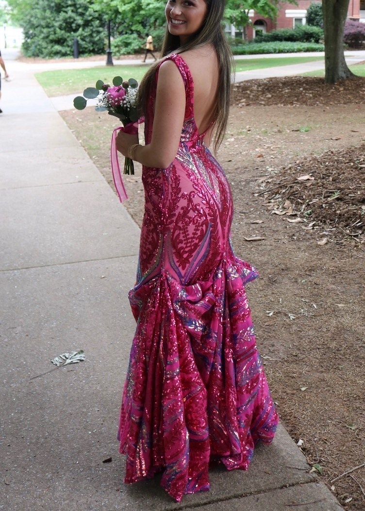 Jovani Size 2 Prom Plunge Hot Pink Dress With Train on Queenly