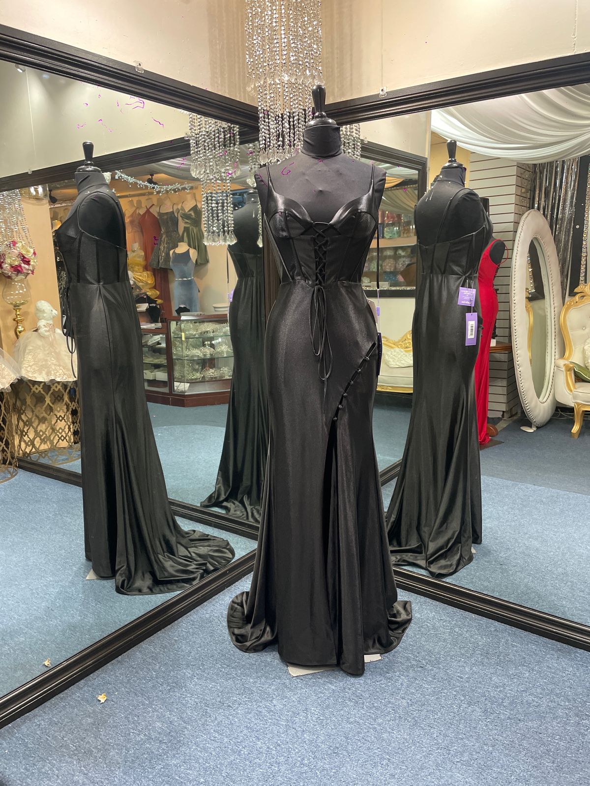 Style Cd873 Cinderella Divine Size 8 Prom Plunge Satin Black Side Slit Dress on Queenly