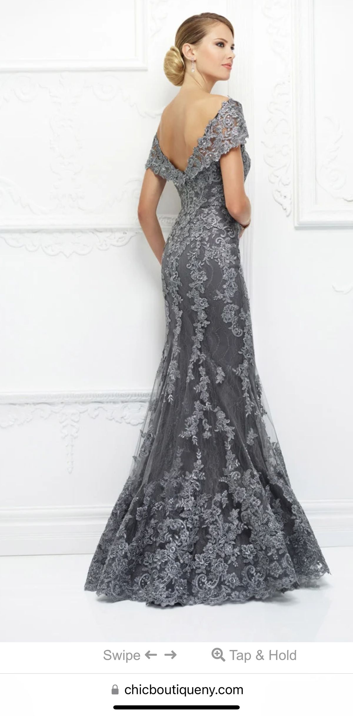 Style 118D12 Ivonne D by Mon Cheri Plus Size 16 Plunge Lace Silver Mermaid Dress on Queenly