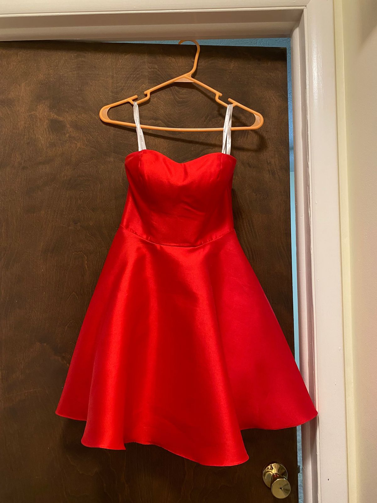 Jovani Size 0 Homecoming Strapless Satin Red Ball Gown on Queenly
