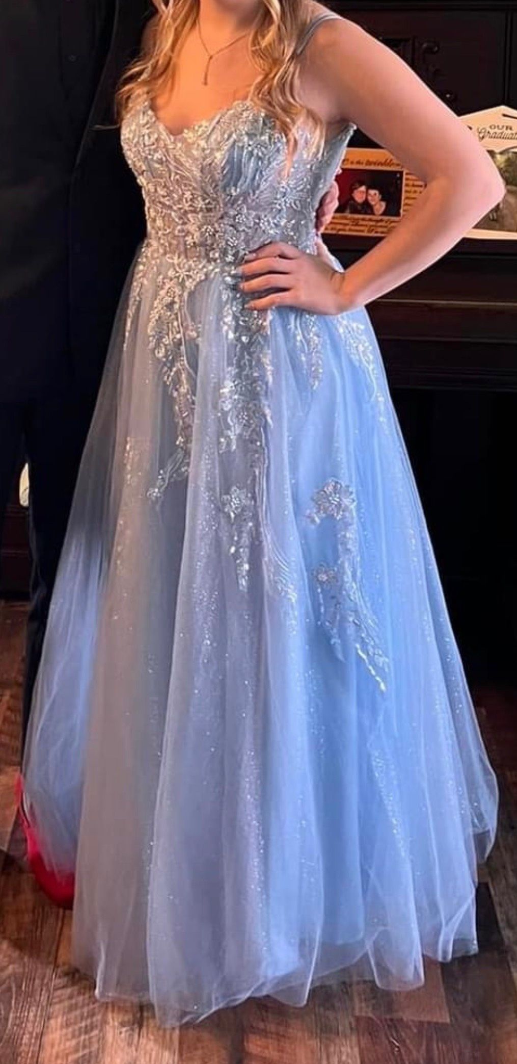 Size 8 Prom Lace Light Blue Ball Gown on Queenly