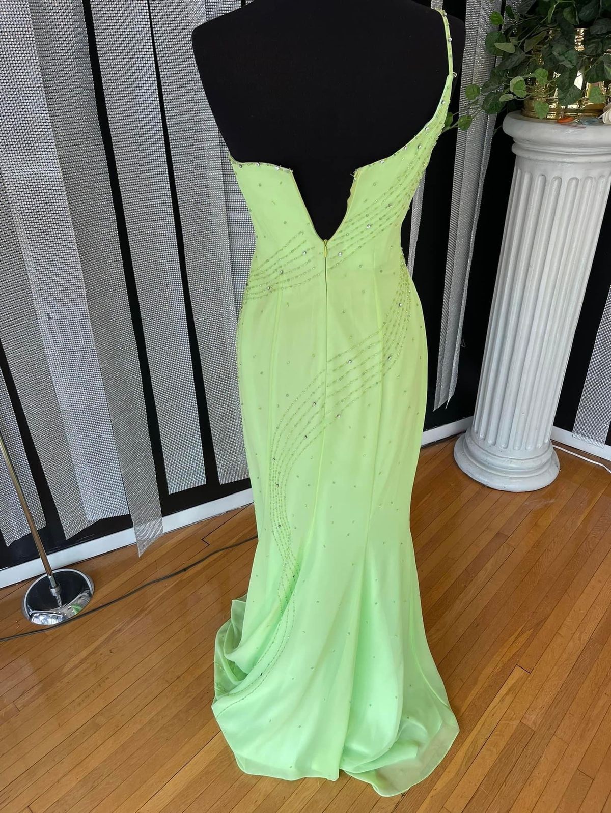 Size 6 Bridesmaid One Shoulder Sequined Lime Green Floor Length Maxi on Queenly