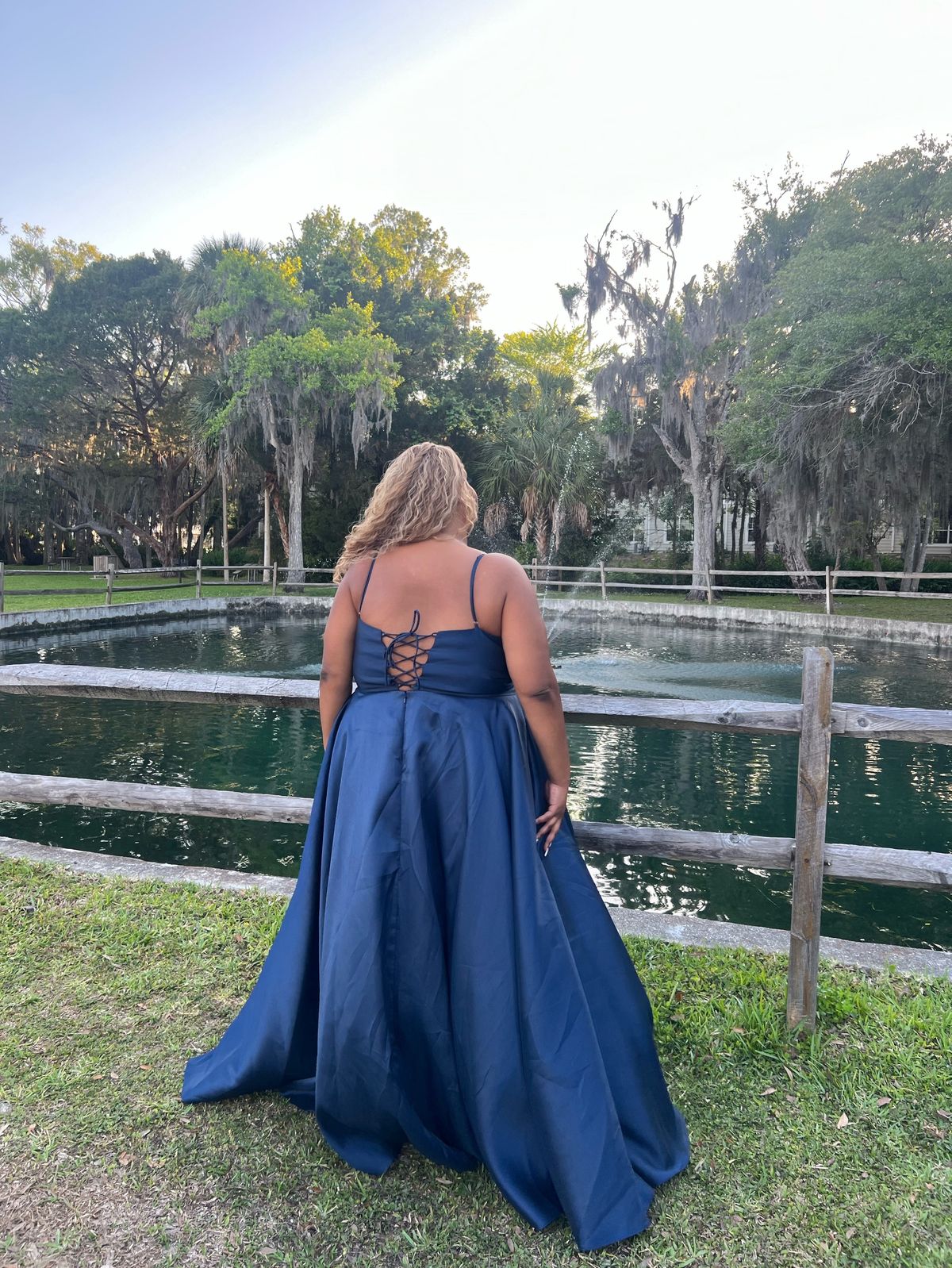 Plus Size 24 Prom Navy Blue Ball Gown on Queenly