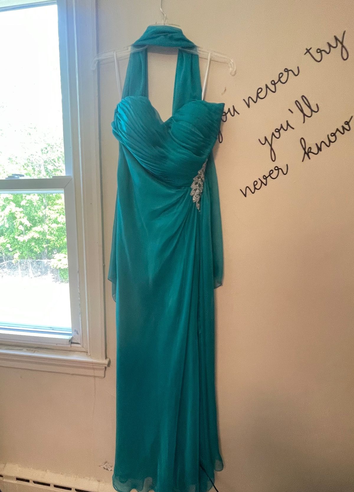 Size L Prom Strapless Sequined Turquoise Blue Floor Length Maxi on Queenly