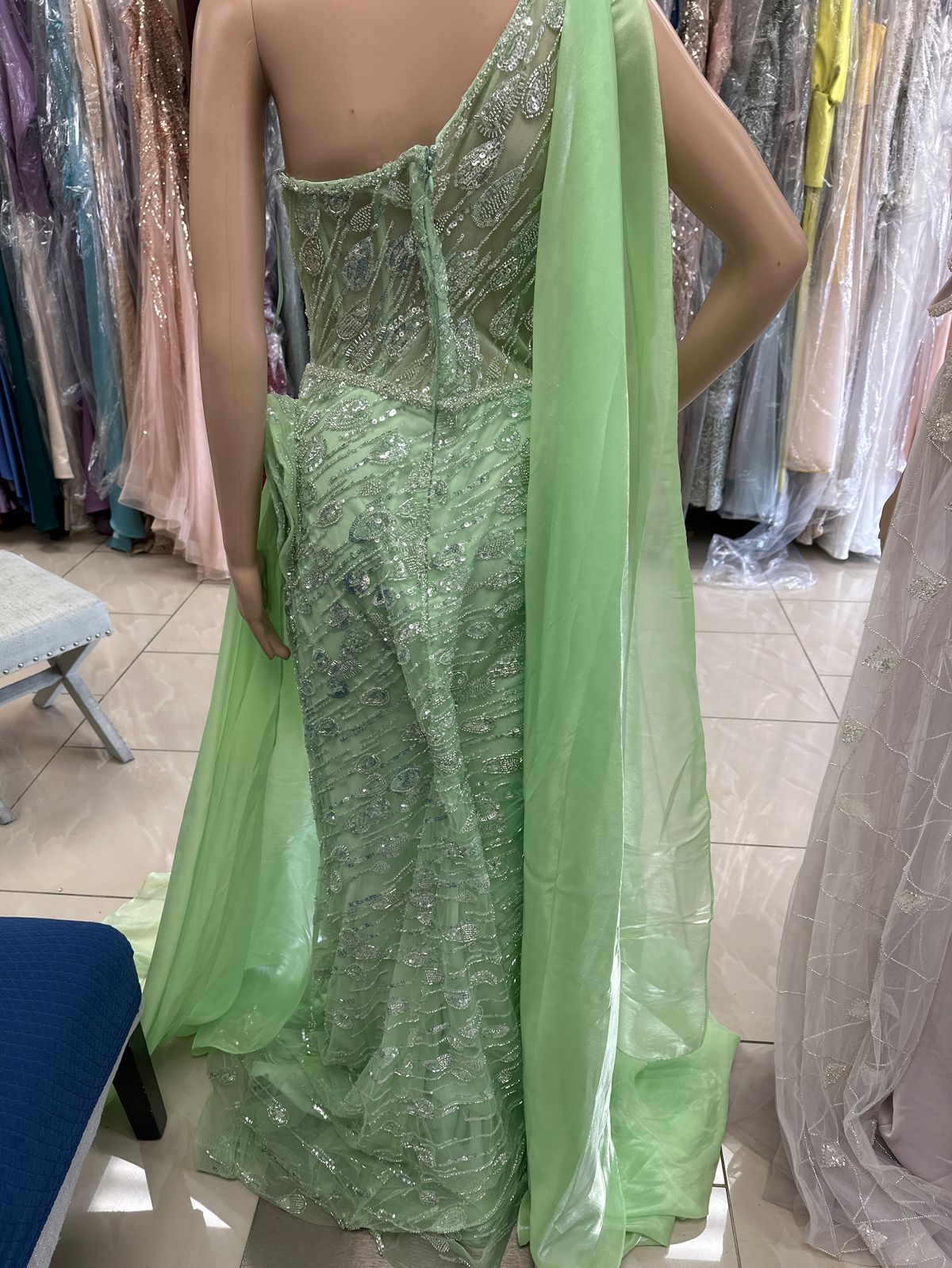 Size S Prom One Shoulder Sequined Light Green Side Slit Dress on Queenly