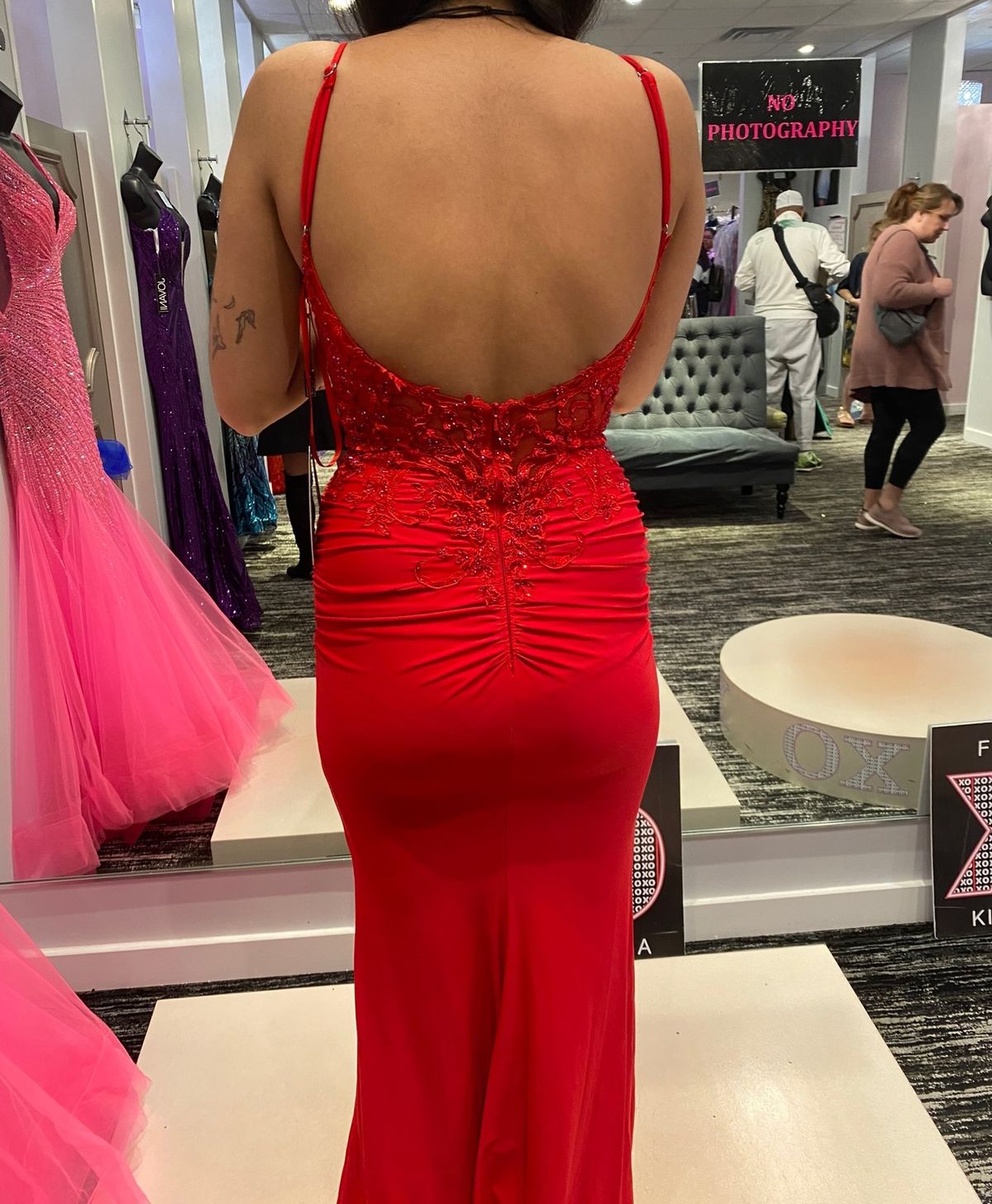Size 4 Prom Plunge Lace Red Dress With Train on Queenly