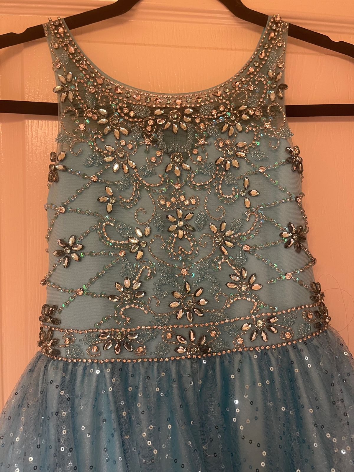 Girls Size 8 Prom High Neck Sequined Light Blue Ball Gown on Queenly
