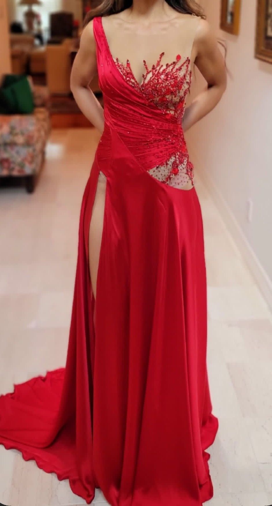 Size S Pageant One Shoulder Red Side Slit Dress on Queenly