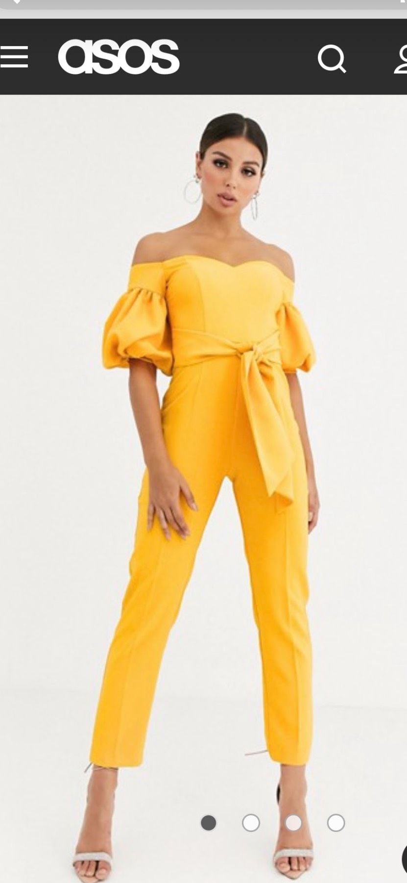 Size 2 Nightclub Off The Shoulder Yellow Formal Jumpsuit on Queenly