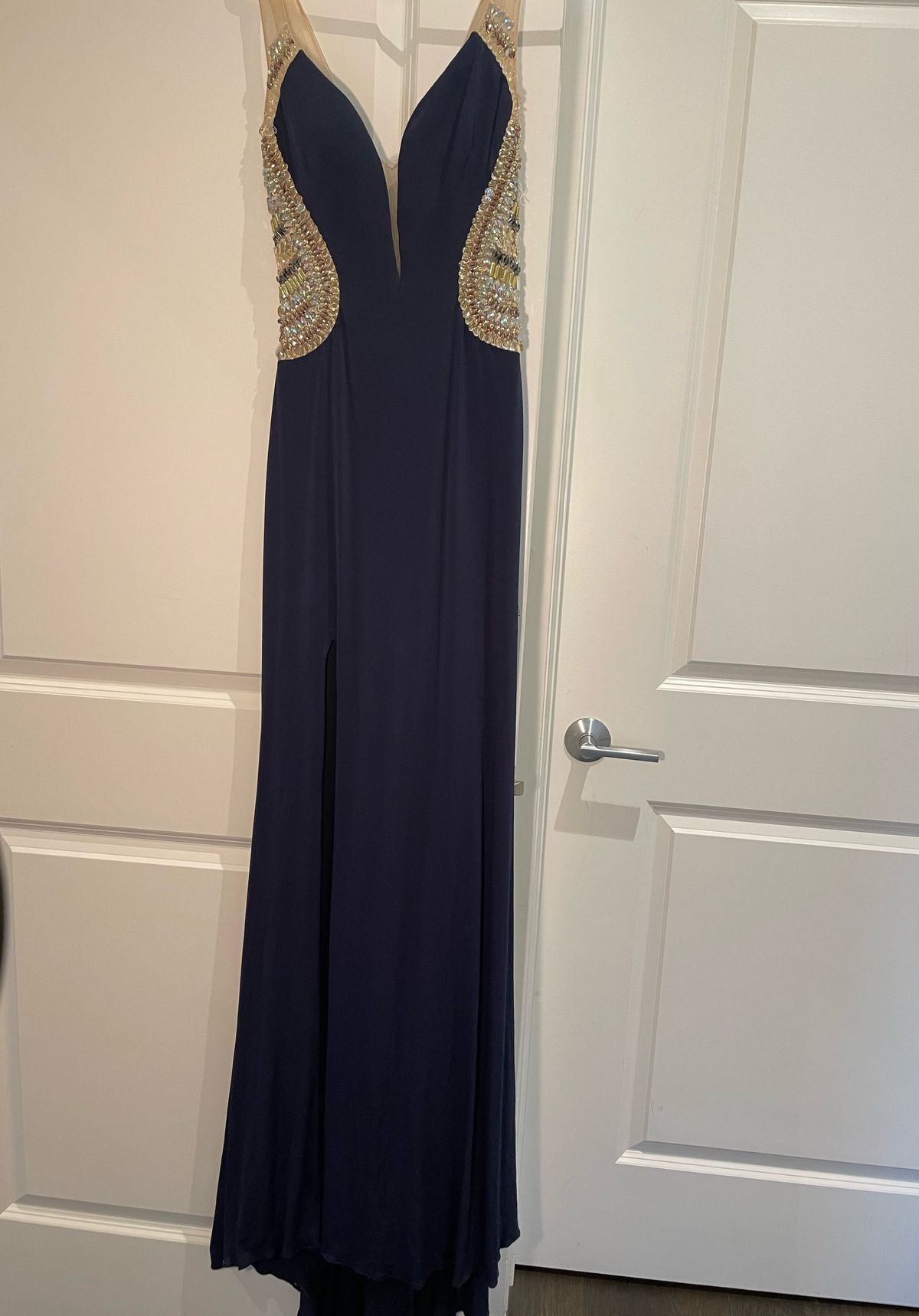 Terani Couture Size 2 Prom Sequined Navy Blue Side Slit Dress on Queenly