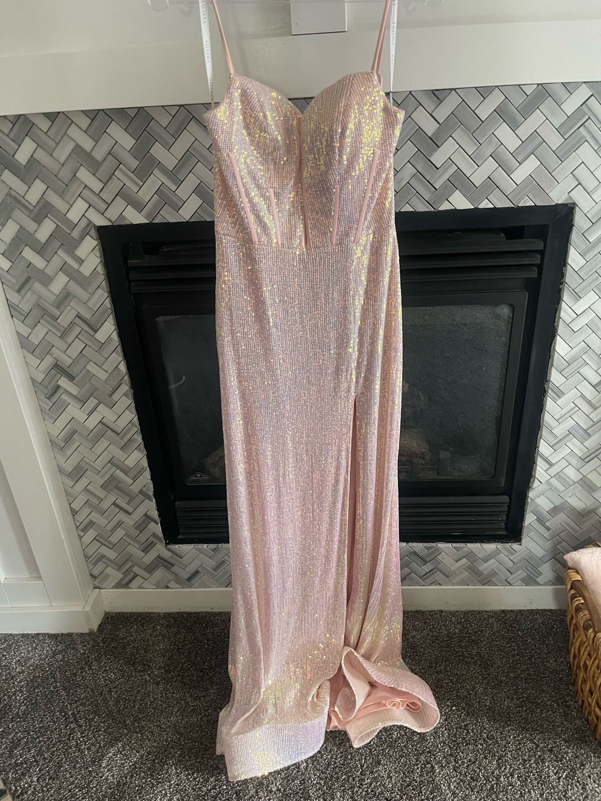 Amarra Size 6 Bridesmaid Plunge Sequined Light Pink Floor Length Maxi on Queenly