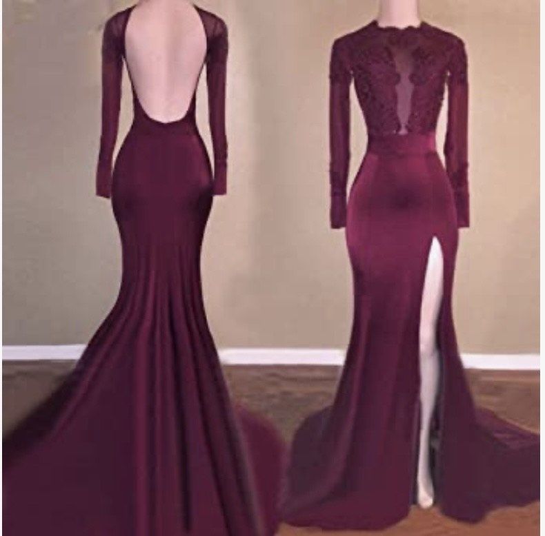 Size L Prom Long Sleeve Lace Burgundy Red Side Slit Dress on Queenly