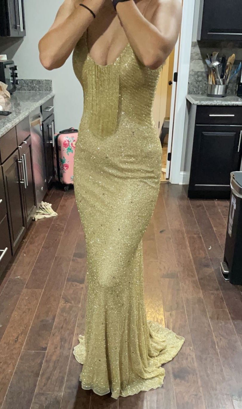 Style 1451 Ashley Lauren Size 2 Prom Plunge Sequined Gold Floor Length Maxi on Queenly