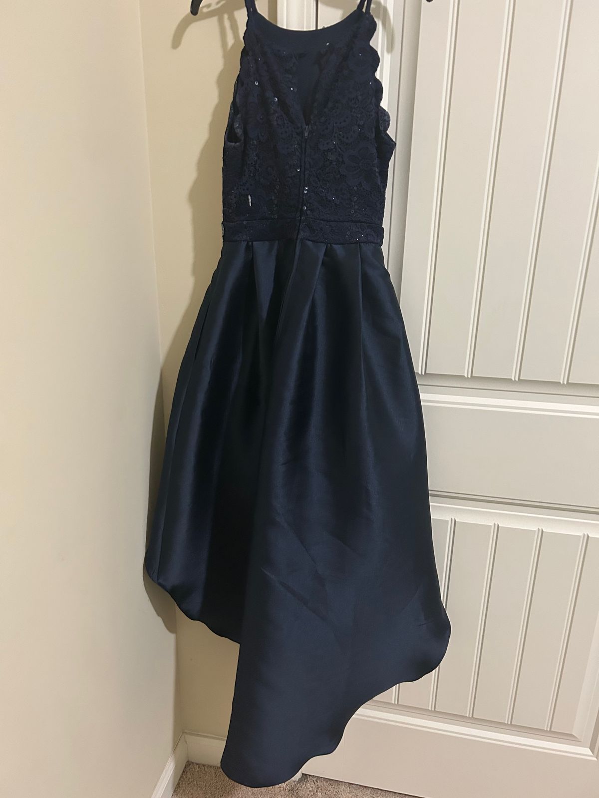 Girls Size 3 Prom High Neck Lace Navy Blue A-line Dress on Queenly