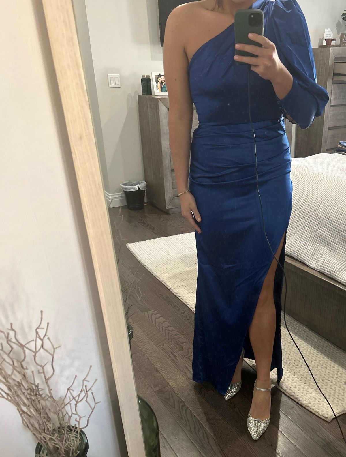 Size 10 Bridesmaid Long Sleeve Satin Royal Blue Side Slit Dress on Queenly