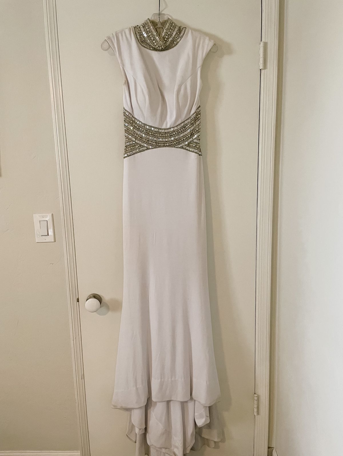 Tony Bowls Size 4 Wedding High Neck Sequined White Floor Length Maxi on Queenly
