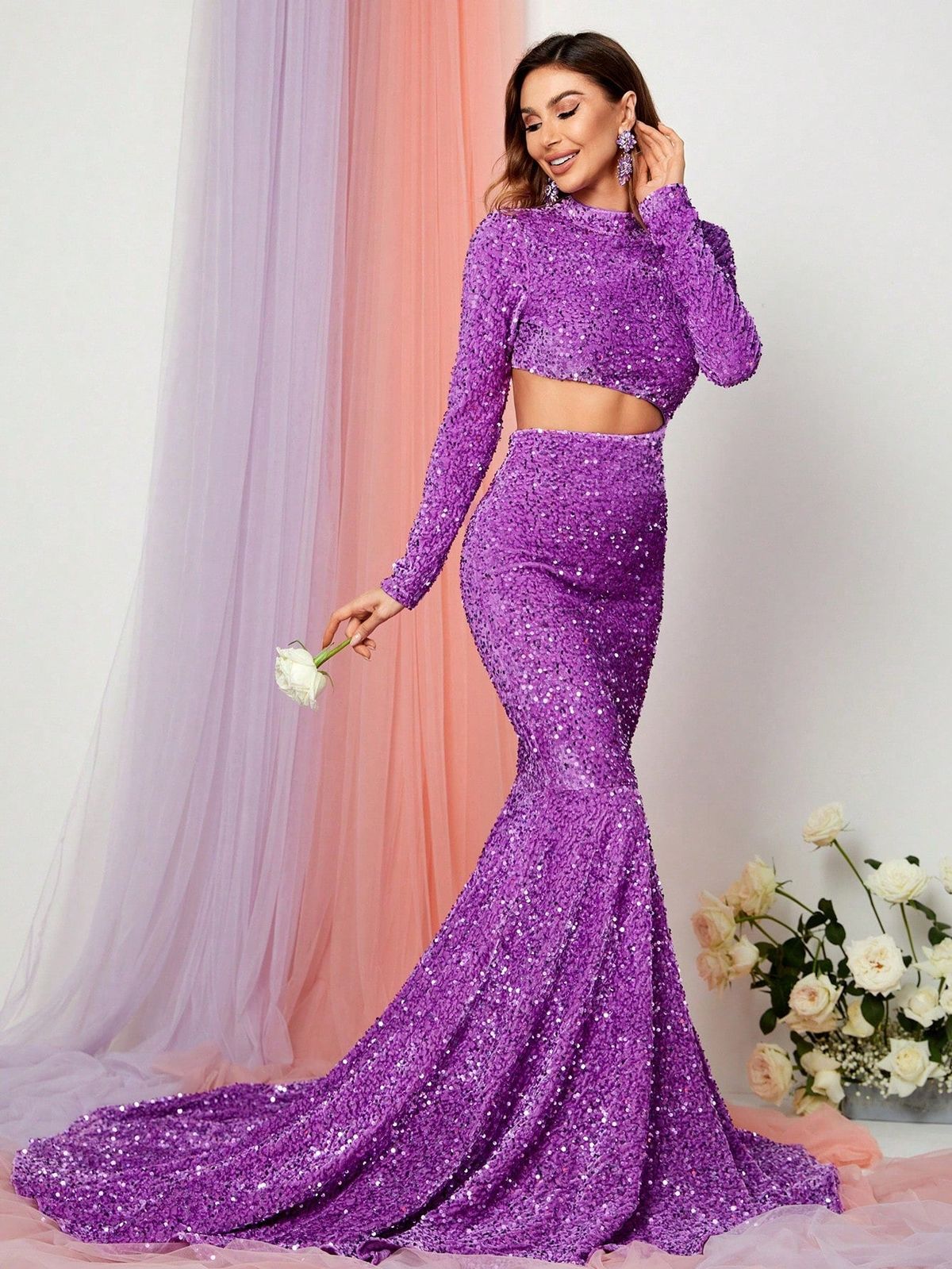 Style FSWD0414 Faeriesty Size XL Prom Long Sleeve Purple Mermaid Dress on Queenly