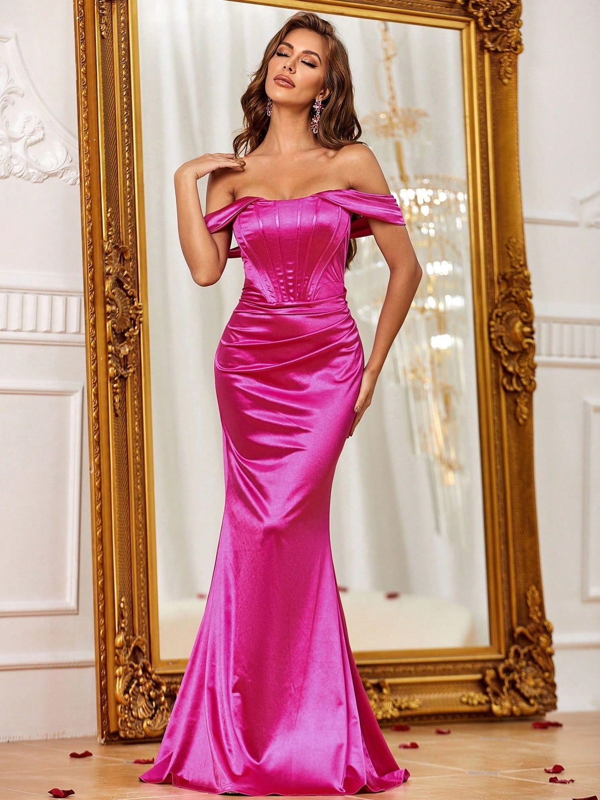 Style FSWD0302 Faeriesty Size XS Off The Shoulder Satin Hot Pink Mermaid Dress on Queenly