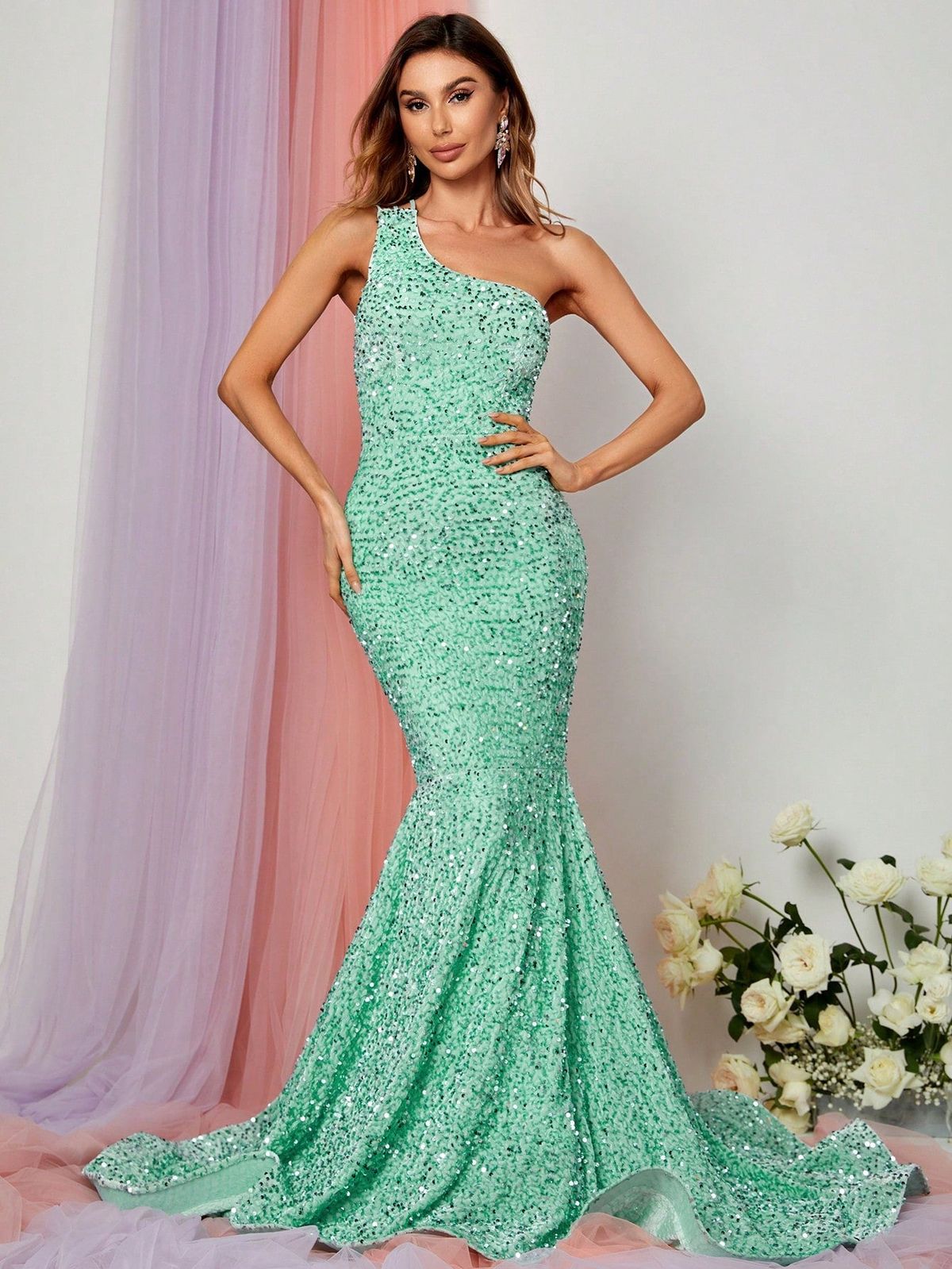 Style FSWD0588 Faeriesty Size XS Nightclub One Shoulder Light Green Mermaid Dress on Queenly