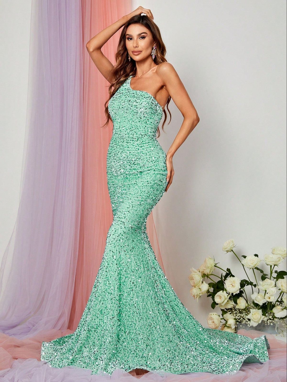 Style FSWD0588 Faeriesty Size XL Nightclub One Shoulder Light Green Mermaid Dress on Queenly