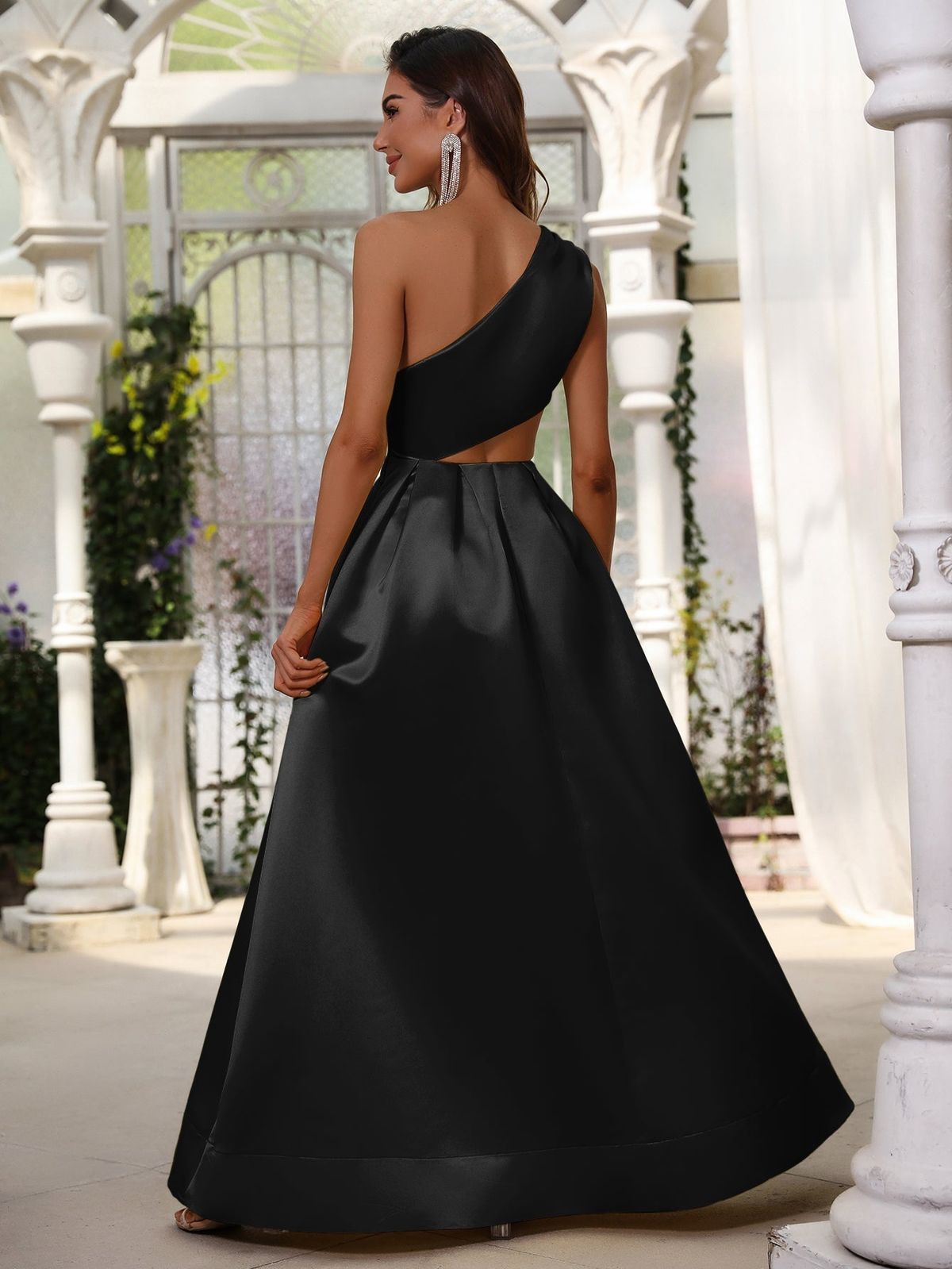 Style FSWD0627 Faeriesty Size XL One Shoulder Satin Black A-line Dress on Queenly