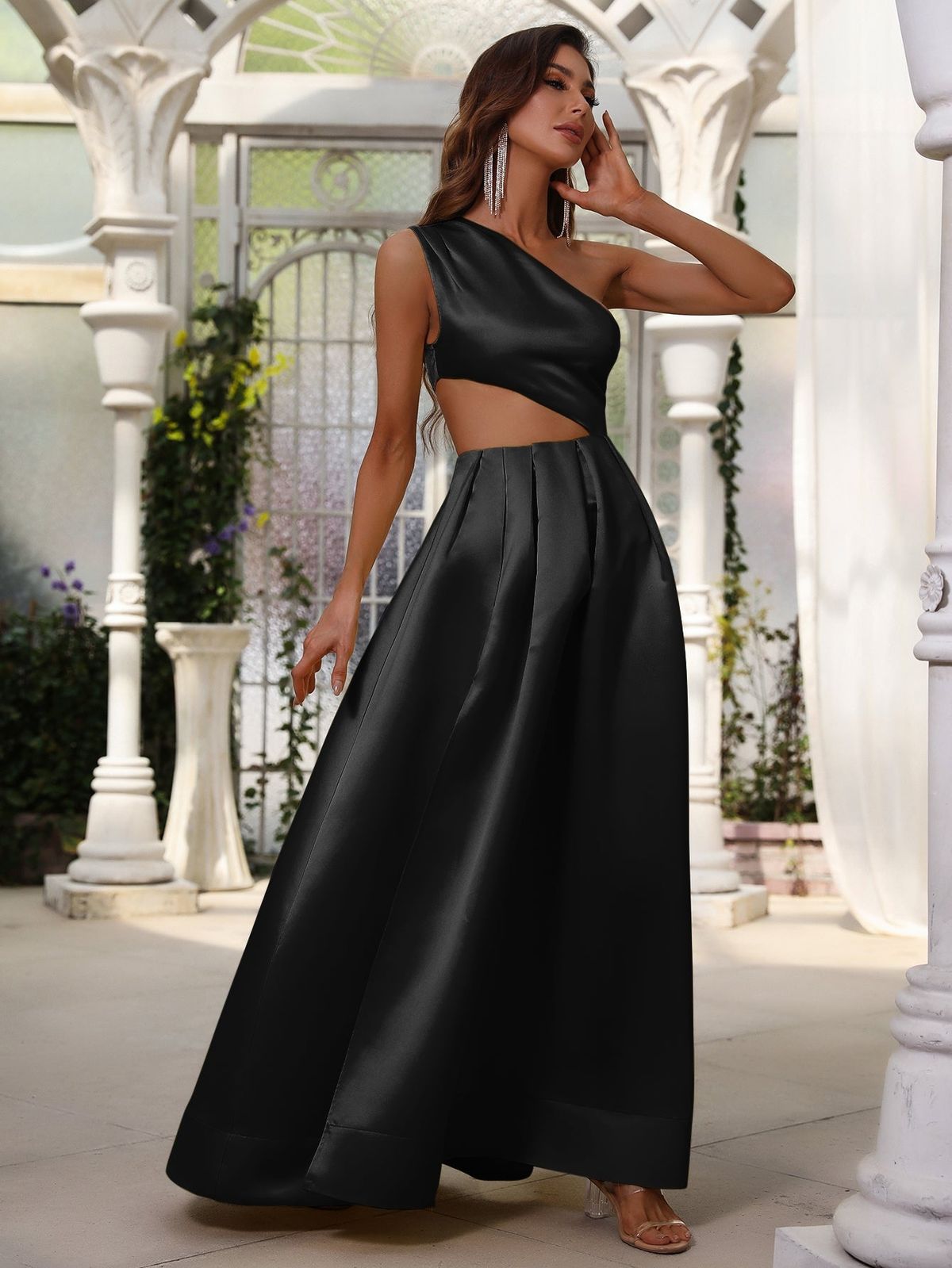 Style FSWD0627 Faeriesty Size XL One Shoulder Satin Black A-line Dress on Queenly