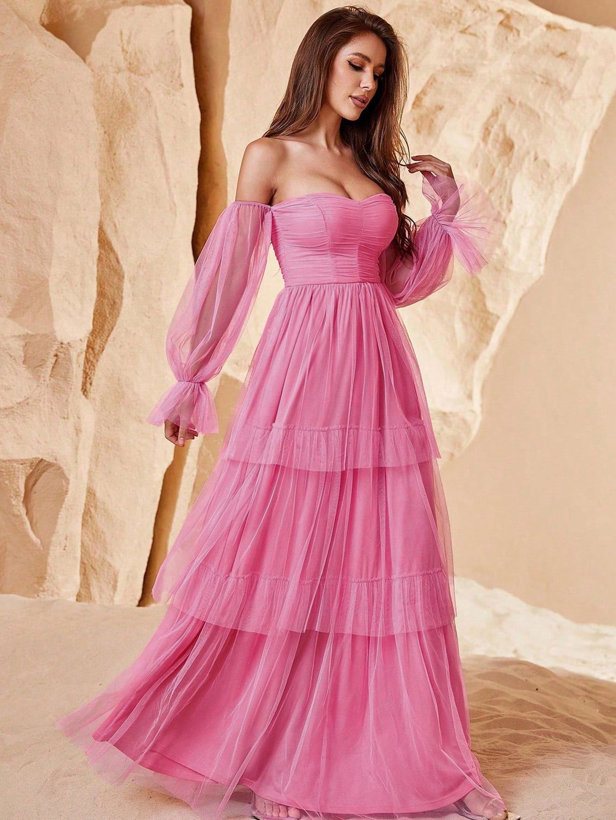 Style FSWD1109 Faeriesty Size M Off The Shoulder Sheer Hot Pink Floor Length Maxi on Queenly