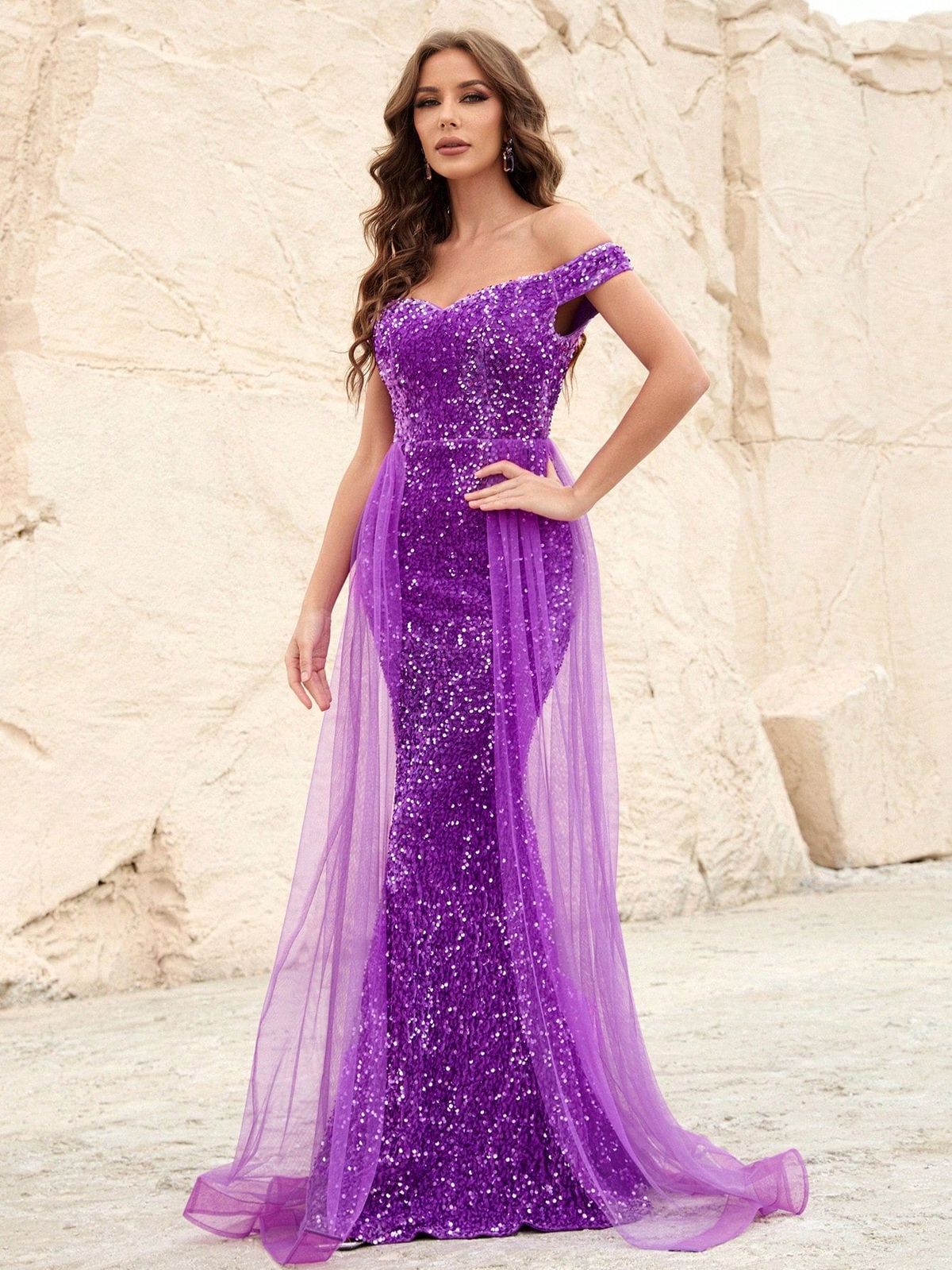 Style FSWD0478 Faeriesty Size XS Off The Shoulder Sheer Purple Mermaid Dress on Queenly