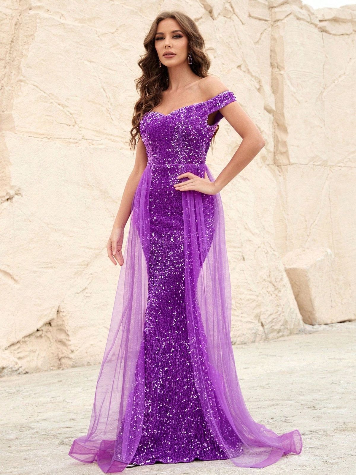 Style FSWD0478 Faeriesty Size M Off The Shoulder Sheer Purple Mermaid Dress on Queenly