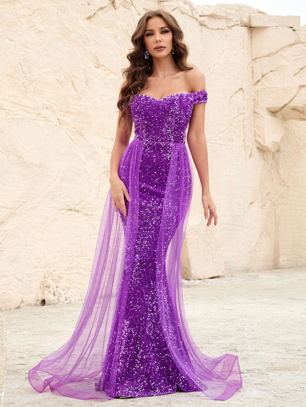 Style FSWD0478 Faeriesty Size L Off The Shoulder Sheer Purple Mermaid Dress on Queenly
