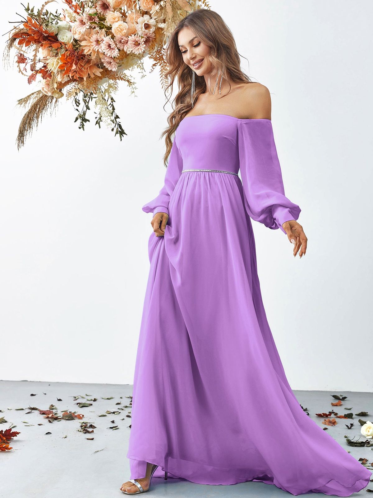 Style FSWD0865 Faeriesty Size S Off The Shoulder Sequined Purple Floor Length Maxi on Queenly