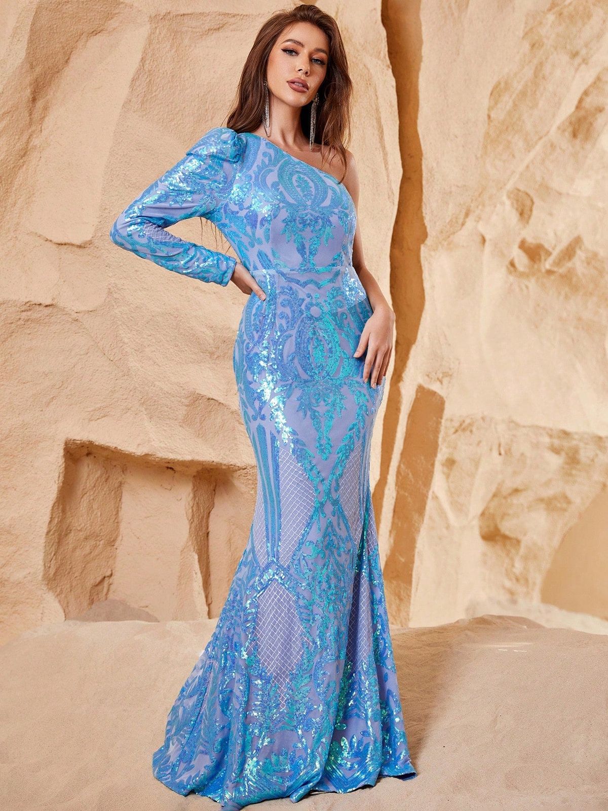 Style FSWD0175 Faeriesty Size XL Long Sleeve Blue Mermaid Dress on Queenly