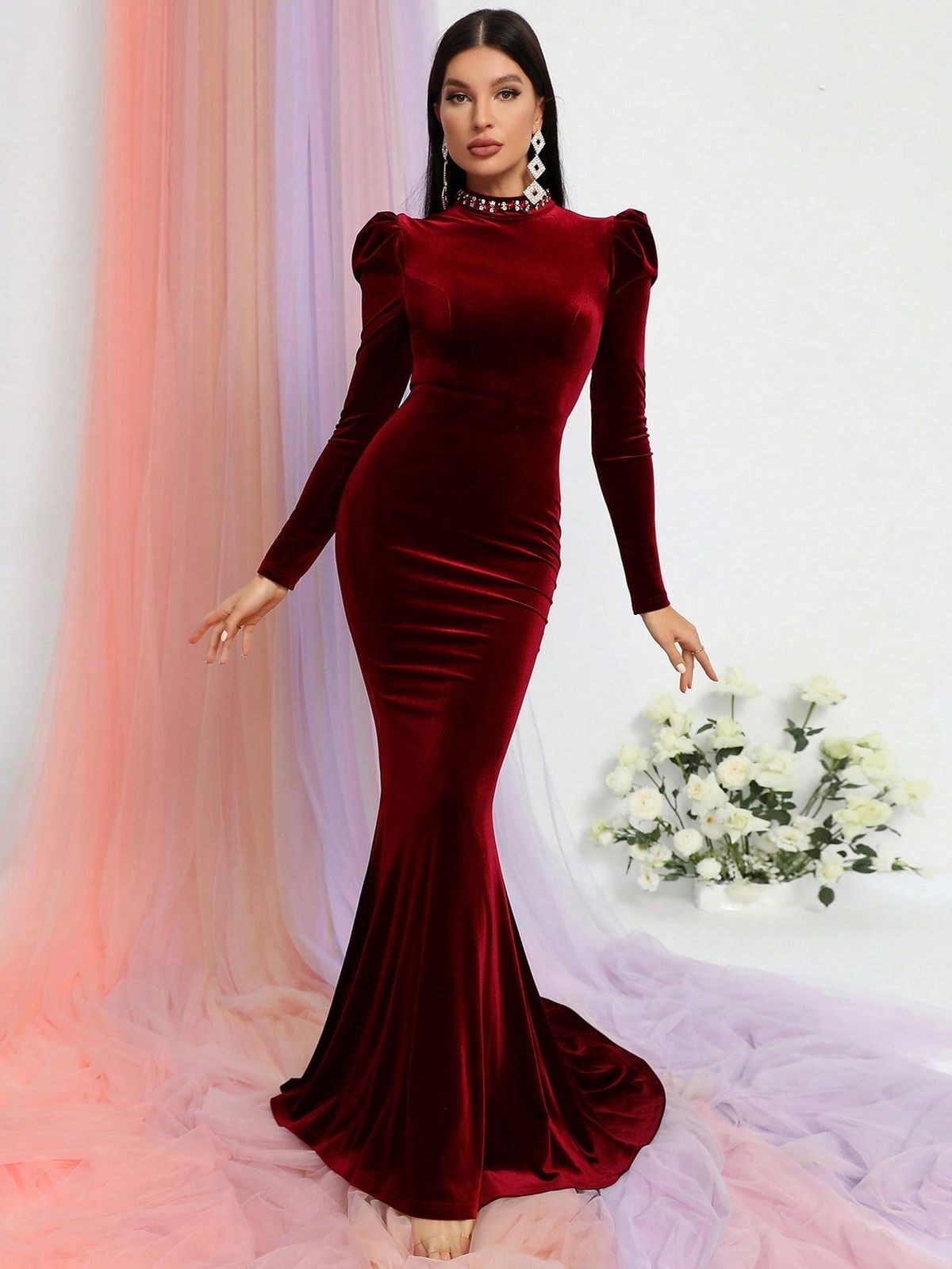 Style FSWD0968 Faeriesty Size XS Velvet Burgundy Red Mermaid Dress on Queenly