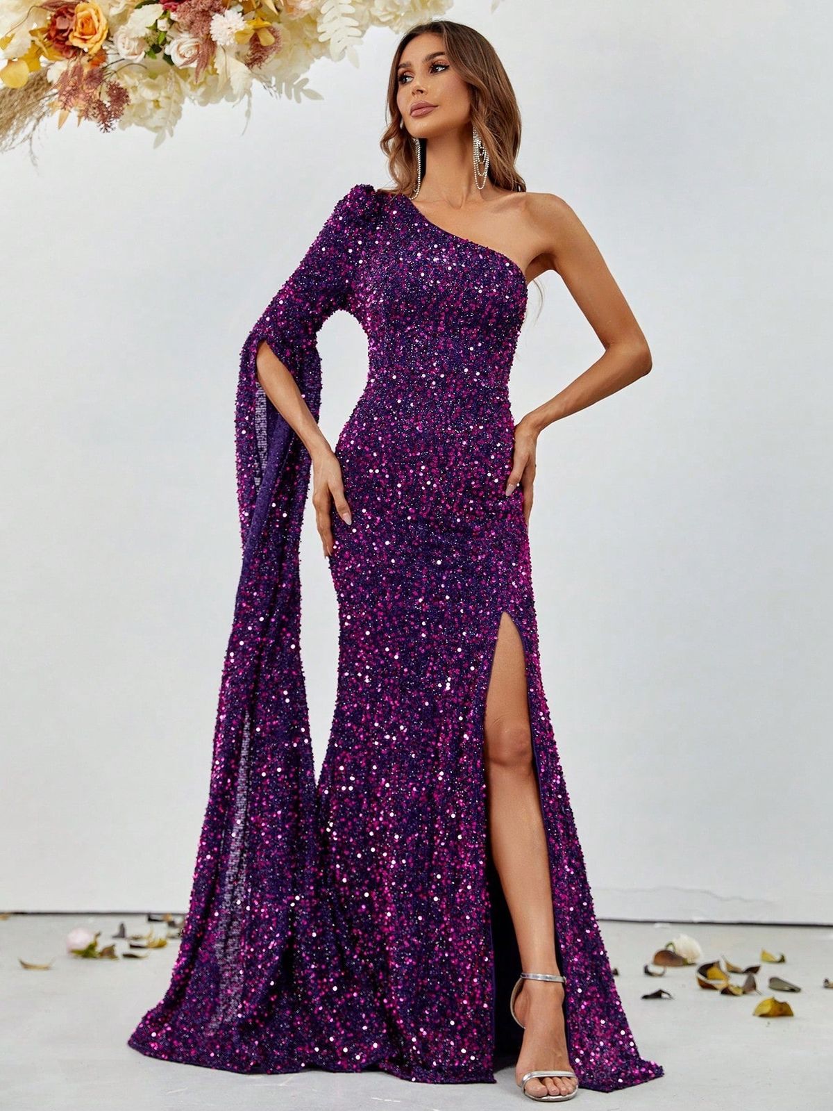 Style FSWD0789 Faeriesty Size S Long Sleeve Purple Side Slit Dress on Queenly
