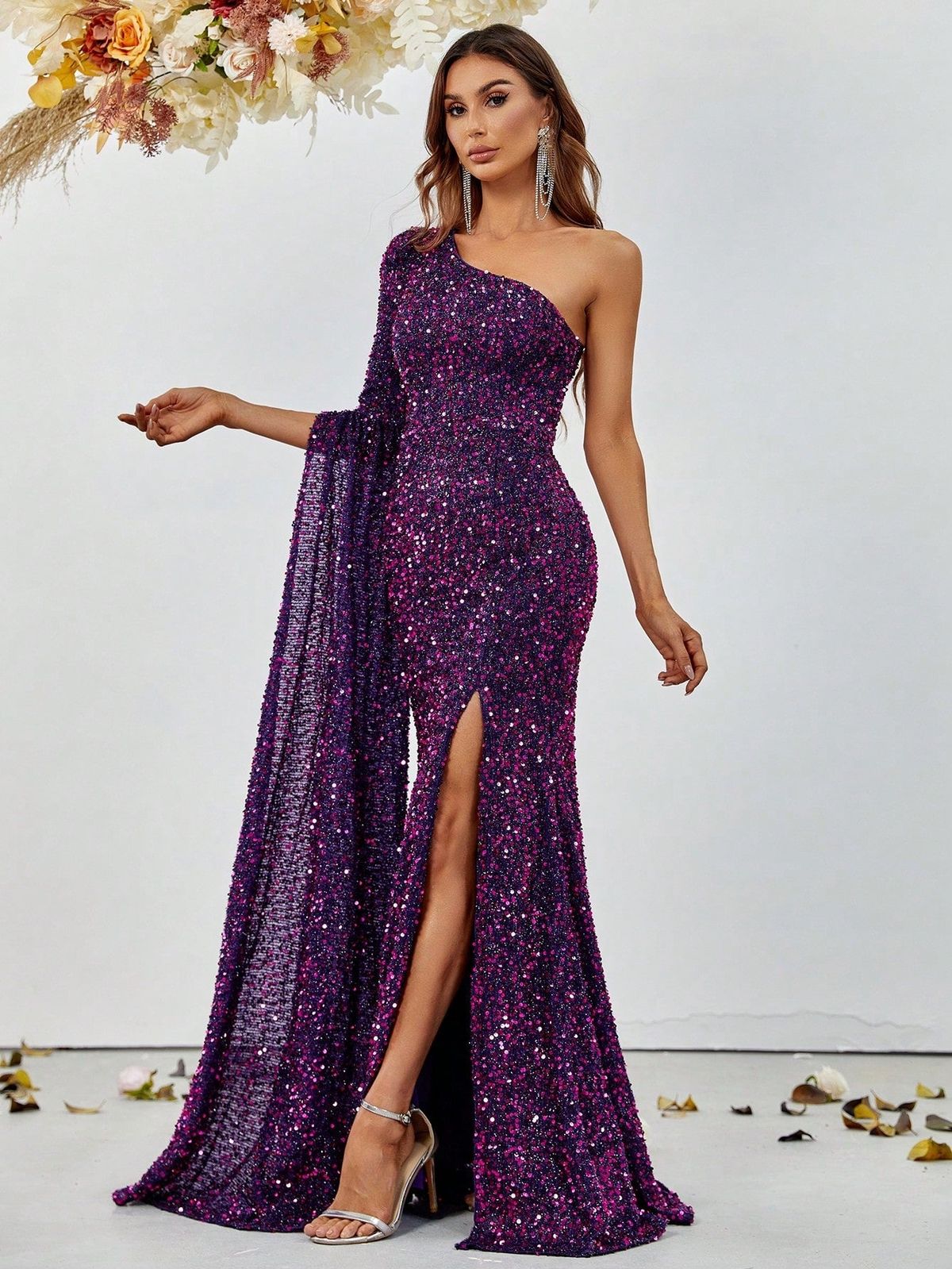 Style FSWD0789 Faeriesty Size M Long Sleeve Purple Side Slit Dress on Queenly
