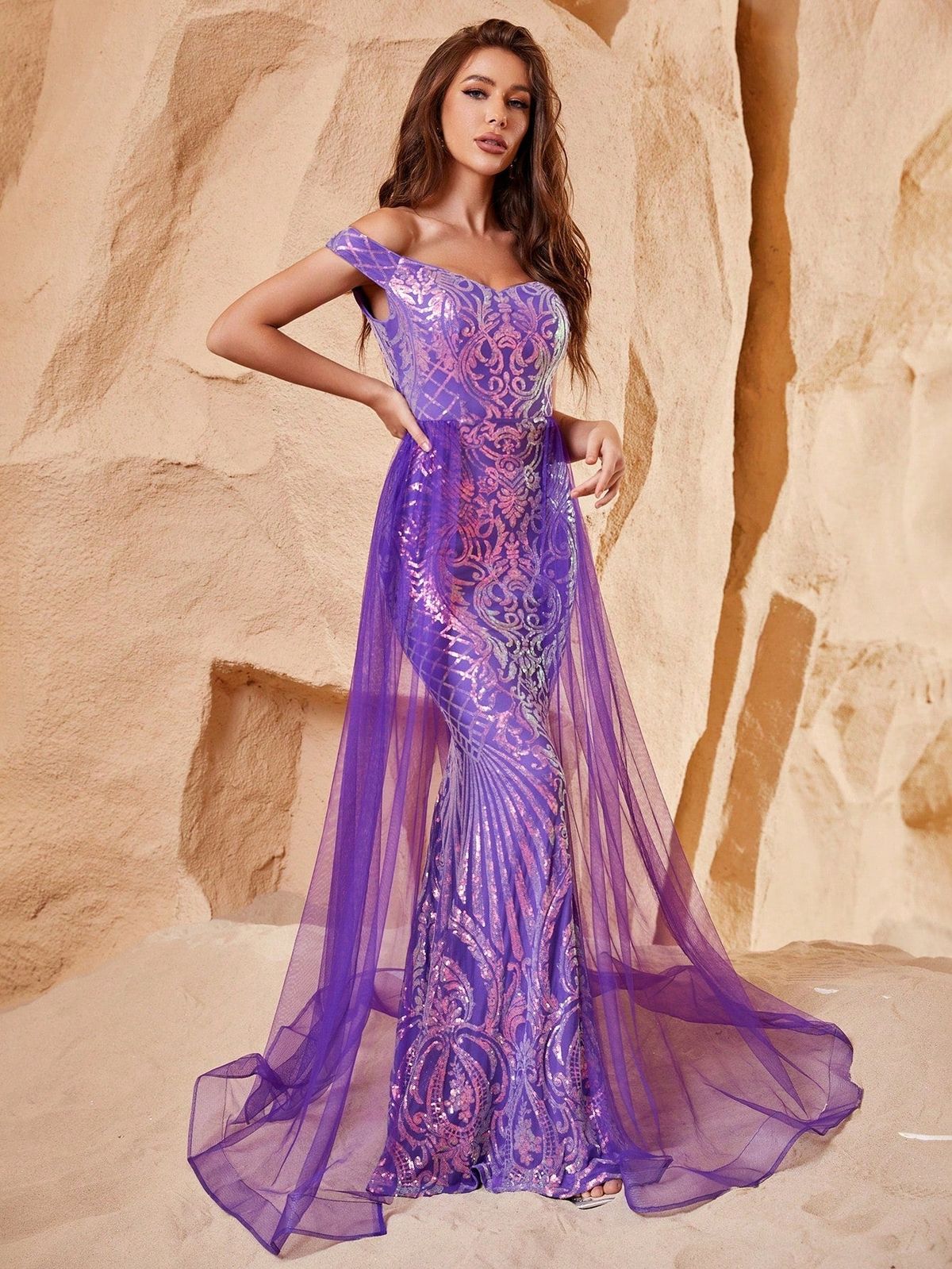 Style FSWD0682 Faeriesty Size L Prom Off The Shoulder Purple Mermaid Dress on Queenly