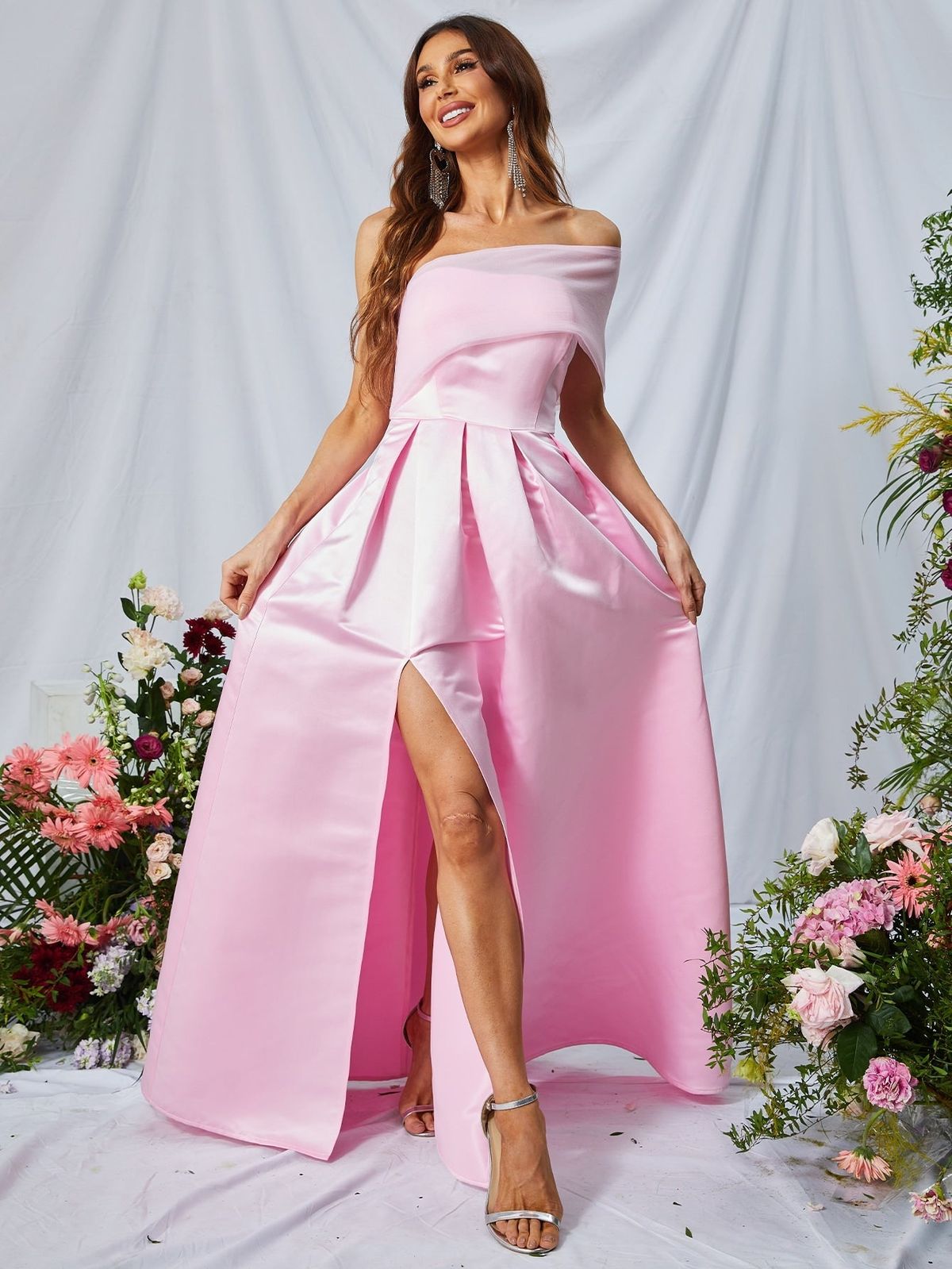 Style FSWD0630 Faeriesty Size XS One Shoulder Satin Pink Side Slit Dress on Queenly