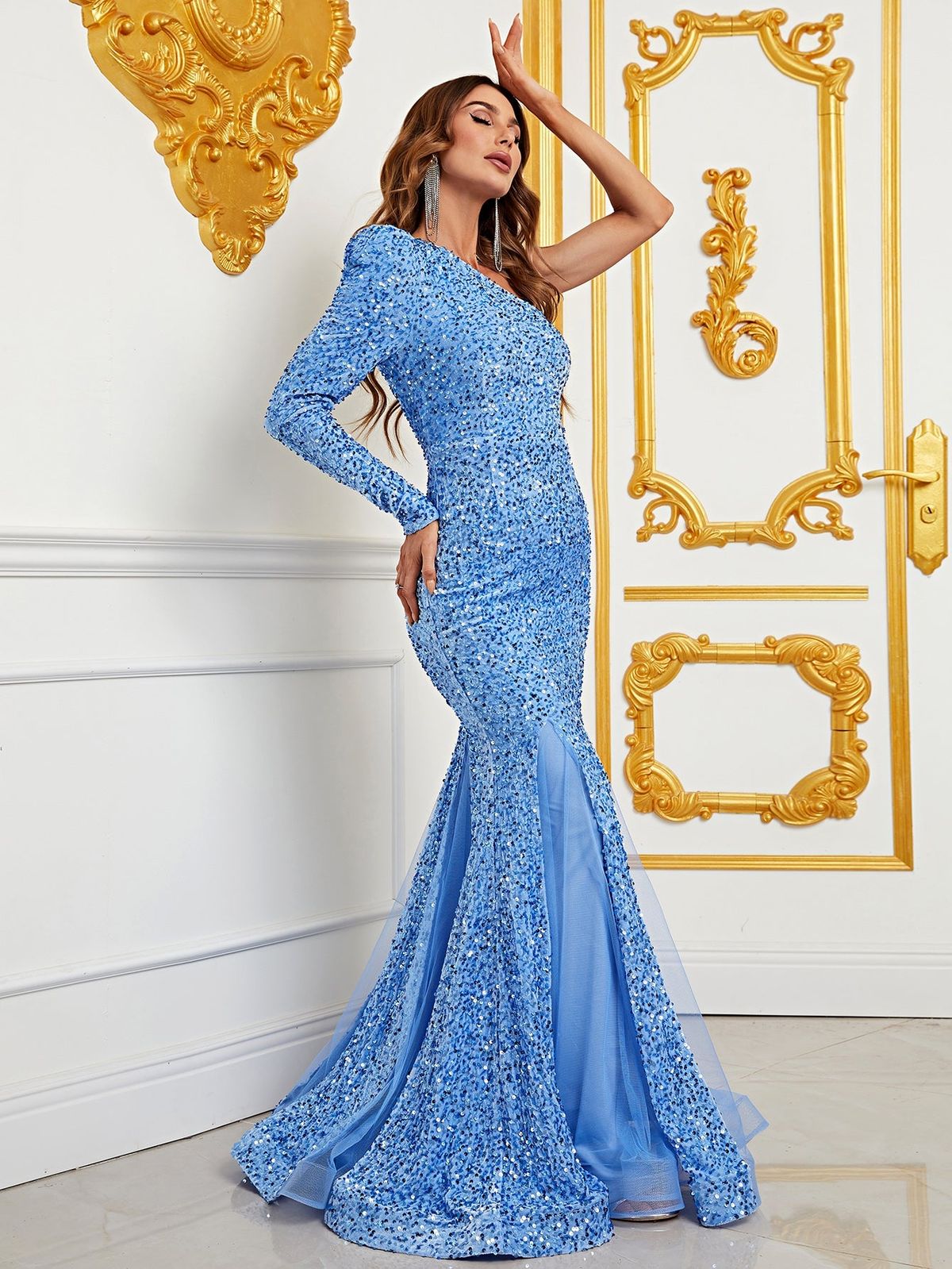 Style FSWD1056 Faeriesty Size L Long Sleeve Blue Mermaid Dress on Queenly