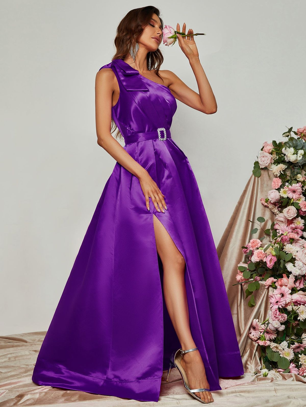 Style FSWD0780 Faeriesty Size M One Shoulder Satin Purple A-line Dress on Queenly