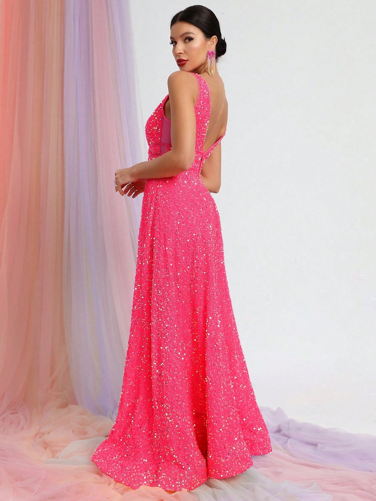 Style FSWD0448 Faeriesty Size M Plunge Sheer Hot Pink Floor Length Maxi on Queenly