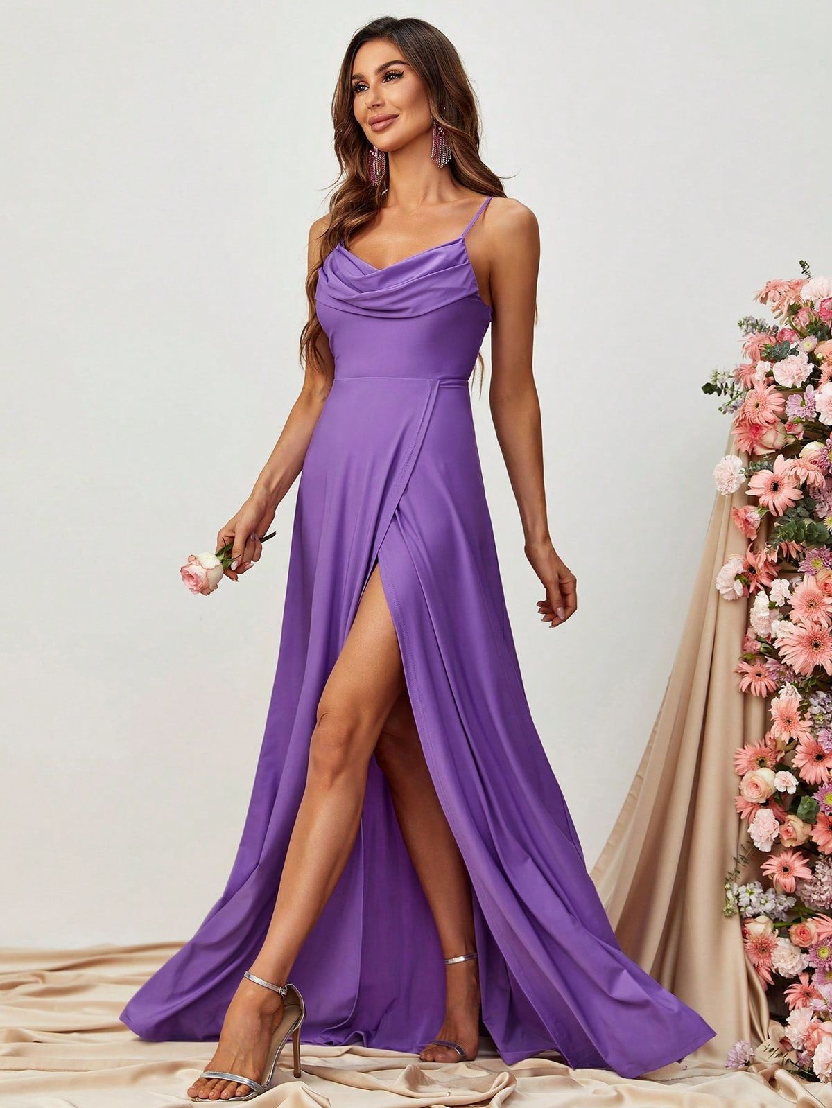Style FSWD0913 Faeriesty Size L Satin Purple Side Slit Dress on Queenly
