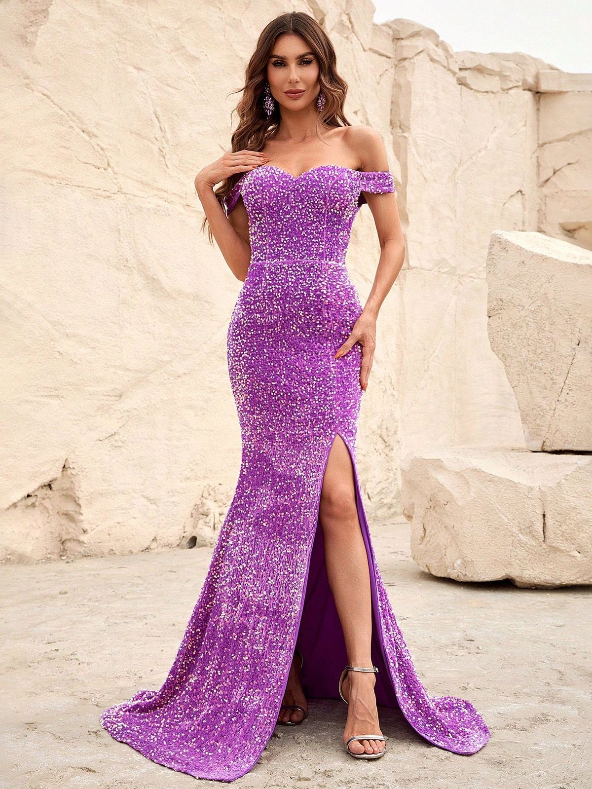 Style FSWD0012 Faeriesty Size S Prom Off The Shoulder Purple Side Slit Dress on Queenly