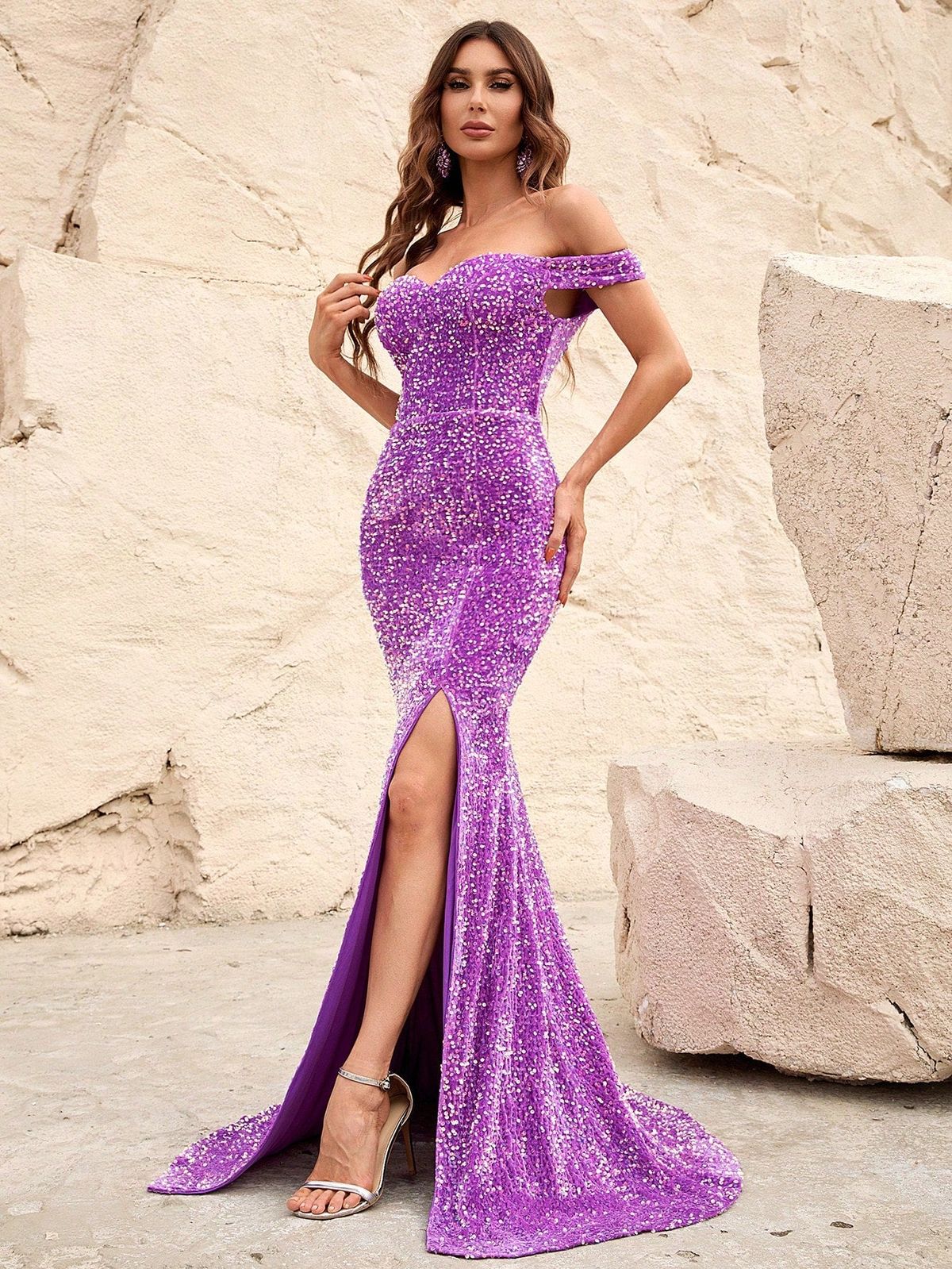 Style FSWD0012 Faeriesty Size M Prom Off The Shoulder Purple Side Slit Dress on Queenly