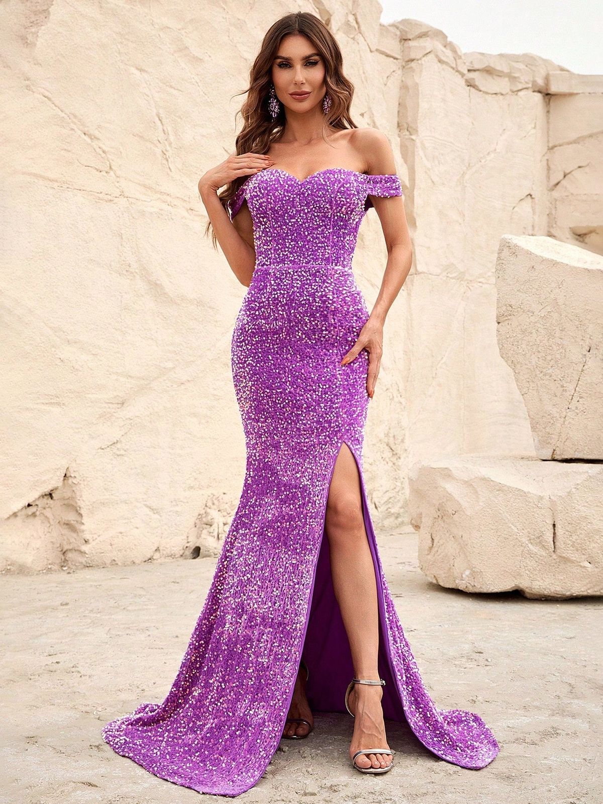 Style FSWD0012 Faeriesty Size M Prom Off The Shoulder Purple Side Slit Dress on Queenly