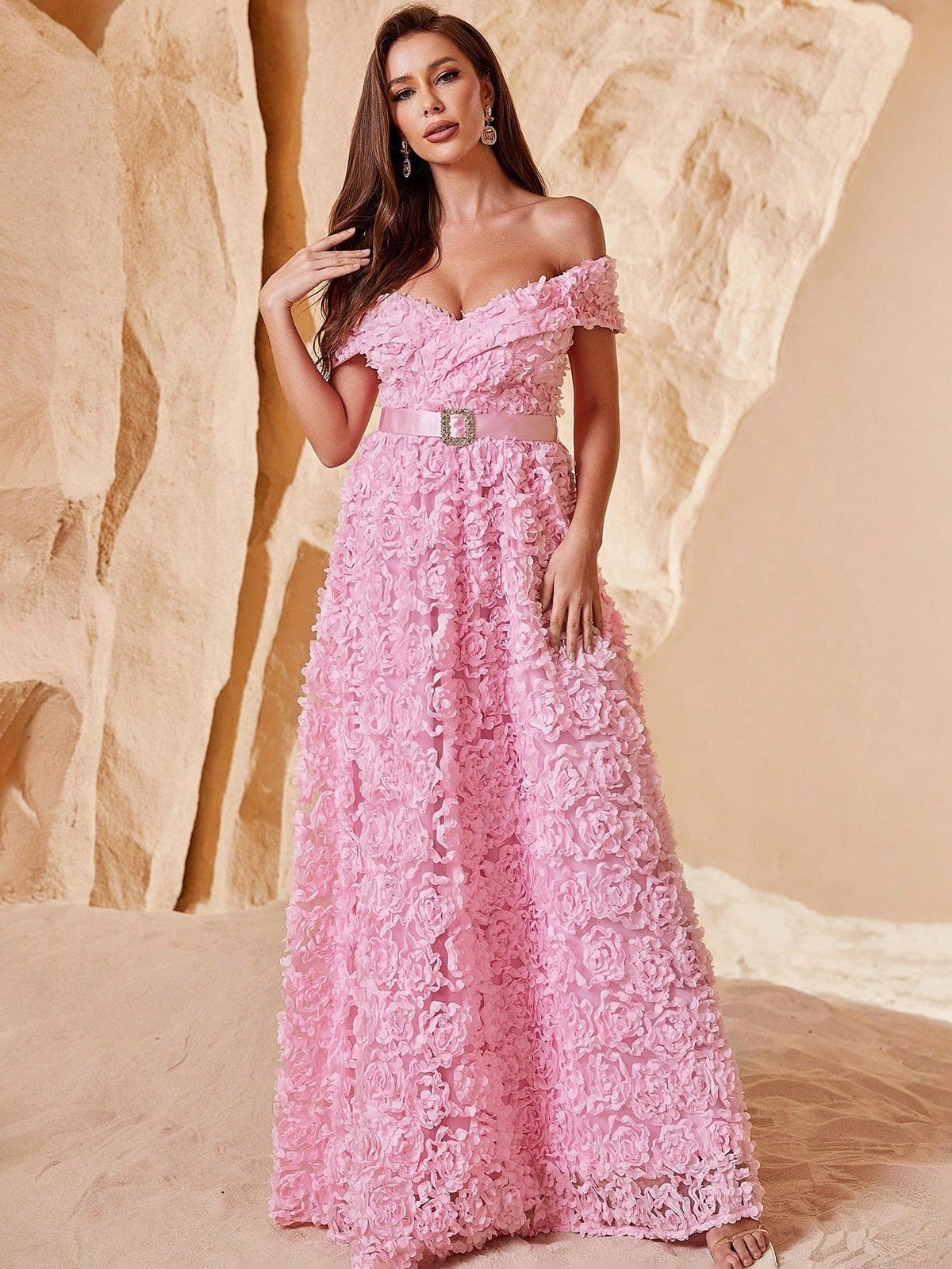 Style FSWD1054 Faeriesty Size S Off The Shoulder Sequined Pink Floor Length Maxi on Queenly