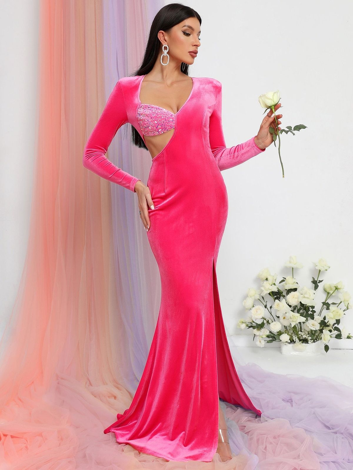 Caroline Luxury Tulle Pink Evening Dress V Neck Three Quarter Sleeves  Glitter Sequin Backless Prom Gowns Party Custom Ma Color Black US Size 8