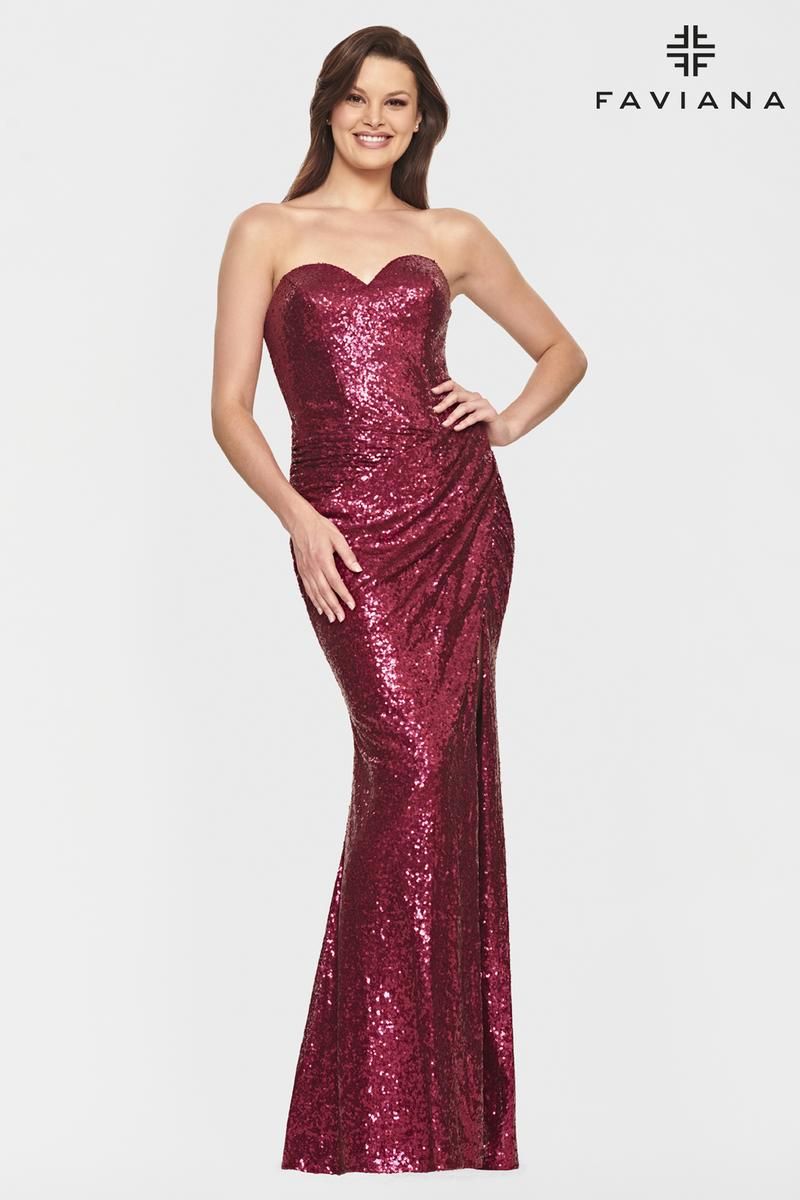 Style S10860 Faviana Size 14 Strapless Burgundy Red Side Slit Dress on Queenly
